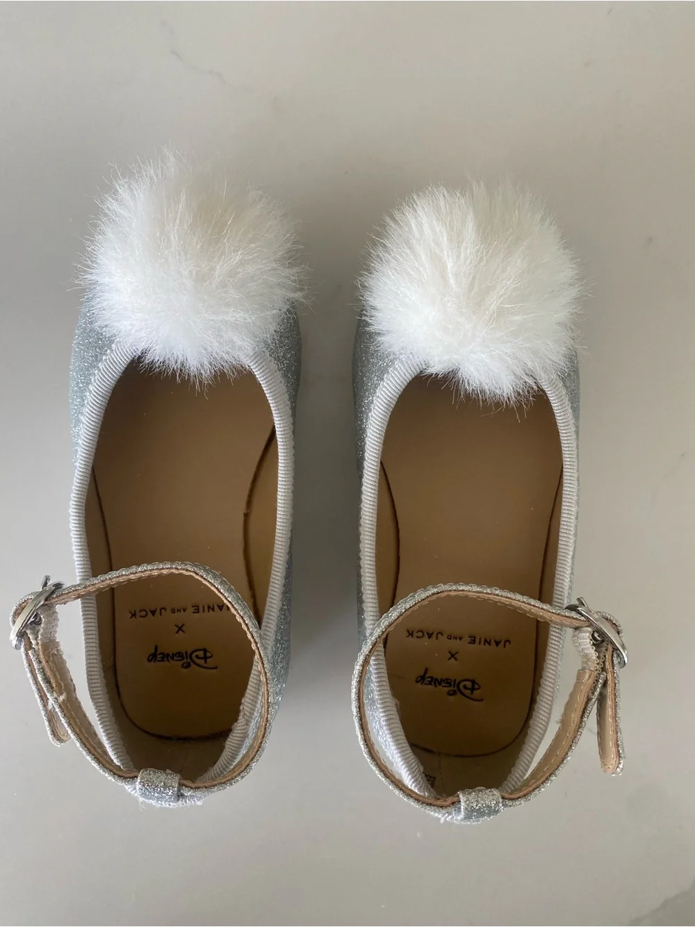 Disney Janie and Jack Frozen Elsa Silver Glitter Pom Ballet Flats Ankle Strap 6